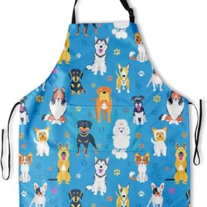 Cute Blue Dog Colorful Apron Adjustable Neck Aprons with Pockets Waterproof Apron Adults