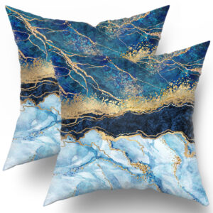 Blue Gold Marble Throw Pillow Cover 18x18 in, Decorative Pillow Cases Set of 2 for Home Living Room Bed Sofa Bedroom Decor Cases Square Outdoor
