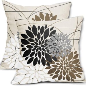 Black Brown Pillow Covers 18x18 Inch Dahlia Flower White Gray Elegant Colored Throw Pillows Farmhouse Outdoor Decor for Home Living Room Sofa Bed Modern Floral Linen Square Cushion Case, Set of 2